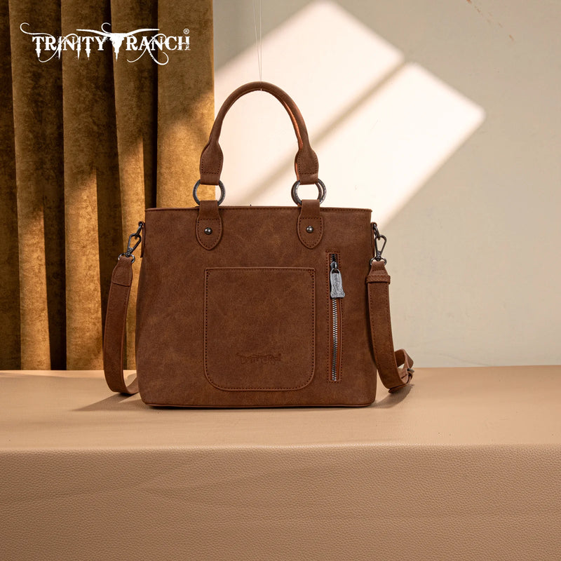 Load image into Gallery viewer, TR194-8250BR - Trinity Ranch Floral Tooled Fringe Tote/Crossbody - Brown
