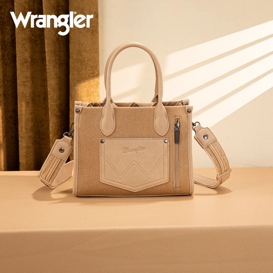 WG210-8120STN -  Wrangler Woven Denim Concealed Carry Tote/Crossbody - Tan