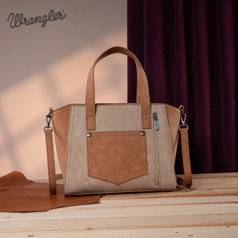 Load image into Gallery viewer, WG162-8012TN - Wrangler &quot;W&quot; Stitch Two Tone Tote/Crossbody - Tan
