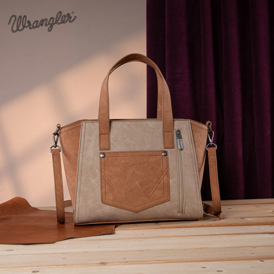 WG162-8012TN - Wrangler "W" Stitch Two Tone Tote/Crossbody - Tan