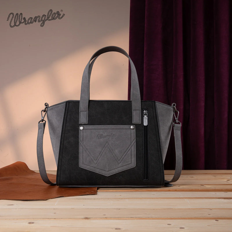 Load image into Gallery viewer, WG162-8012BK - Wrangler &quot;W&quot; Stitch Two Tone Tote/Crossbody - Black
