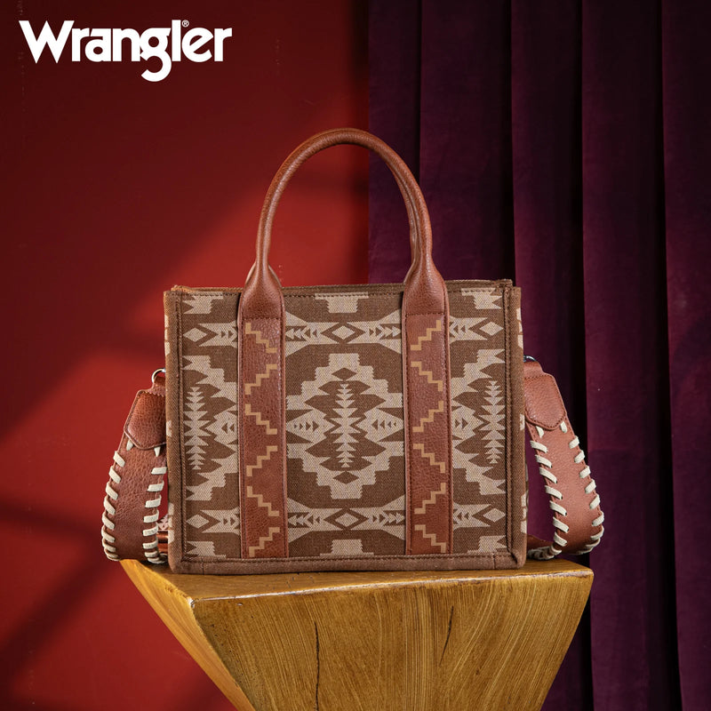 Load image into Gallery viewer, WG2212-8120BR - Wrangler Southwestern Print Small Canvas Tote/Crossbody - Brown
