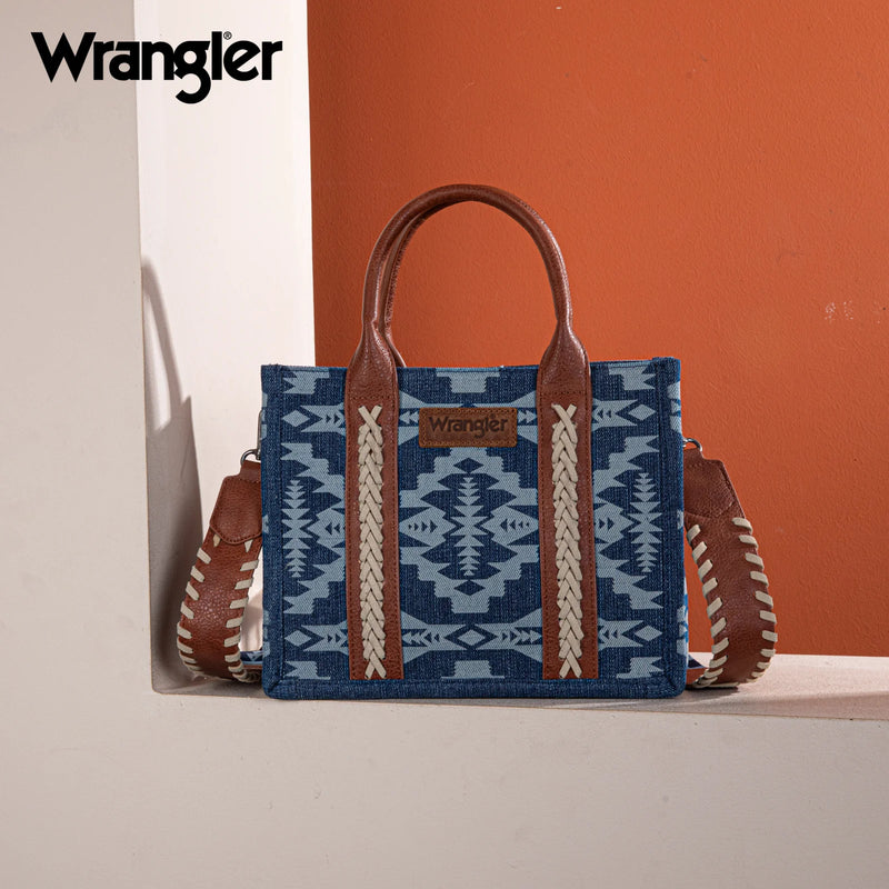 Load image into Gallery viewer, WG2212-8120JN - Wrangler Southwestern Print Small Canvas Tote/Crossbody - Jean
