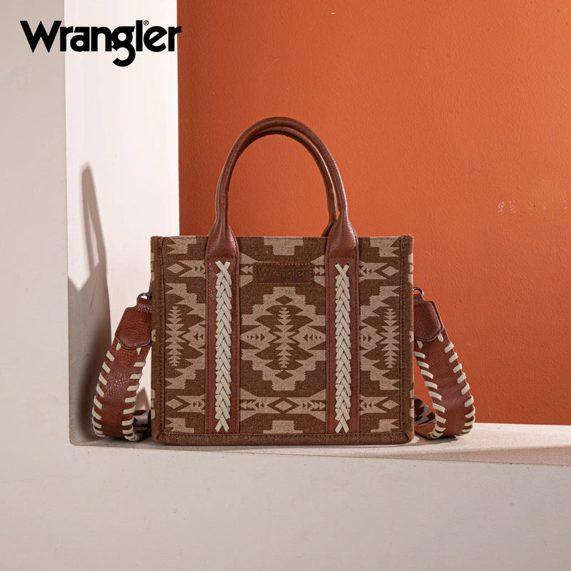 Load image into Gallery viewer, WG2212-8120BR - Wrangler Southwestern Print Small Canvas Tote/Crossbody - Brown
