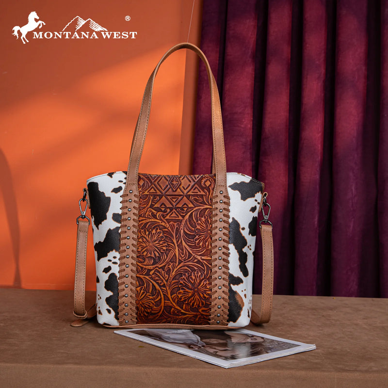 Load image into Gallery viewer, MW1318G-8318BR - Montana West Tooled Collection Concealed Carry Tote/Crossbody - Brown
