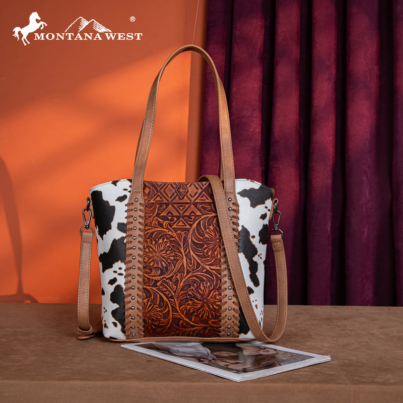 Load image into Gallery viewer, MW1318G-8318BR - Montana West Tooled Collection Concealed Carry Tote/Crossbody - Brown
