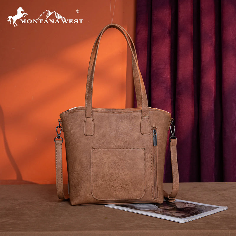 Load image into Gallery viewer, MW1318G-8318BR - Montana West Tooled Collection Concealed Carry Tote/Crossbody - Brown
