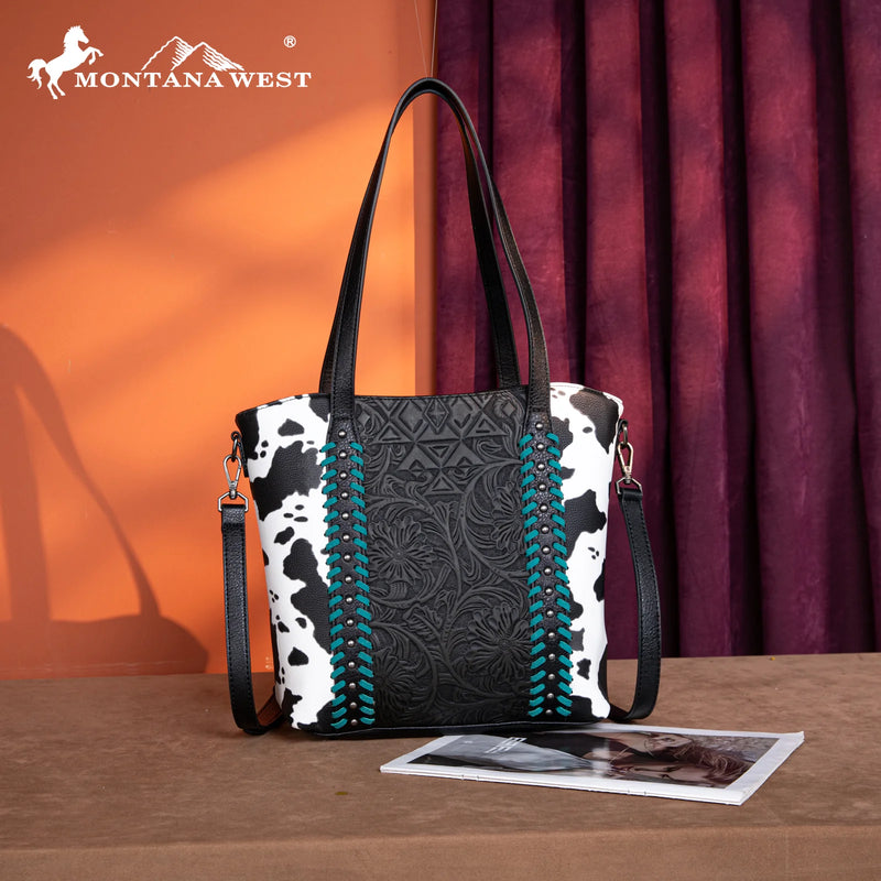 Load image into Gallery viewer, MW1318G-8318BK - Montana West Tooled Collection Concealed Carry Tote/Crossbody - Black
