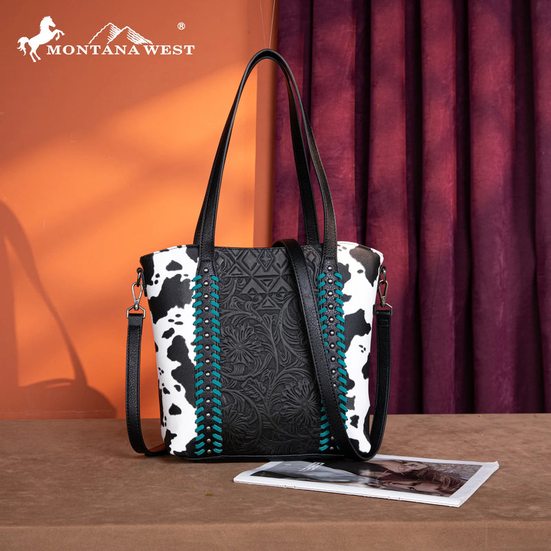 Load image into Gallery viewer, MW1318G-8318BK - Montana West Tooled Collection Concealed Carry Tote/Crossbody - Black
