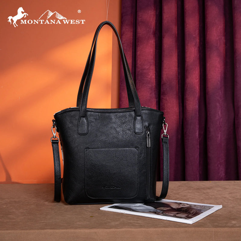 Load image into Gallery viewer, MW1318G-8318BK - Montana West Tooled Collection Concealed Carry Tote/Crossbody - Black
