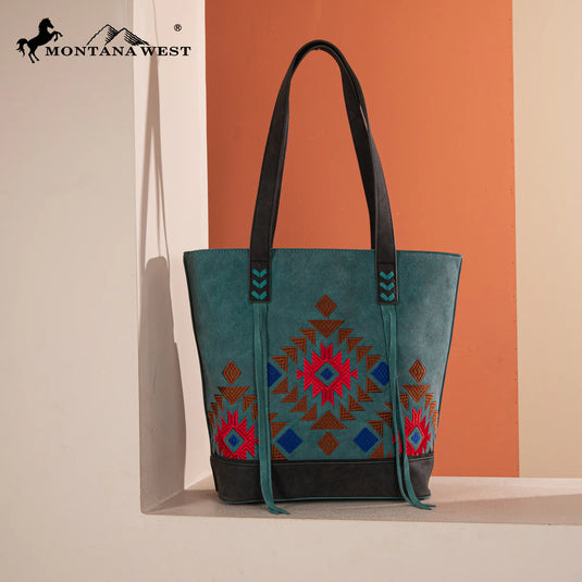 MW1312G-8317TQ - Montana West Embroidered Collection Tote - Turquoise
