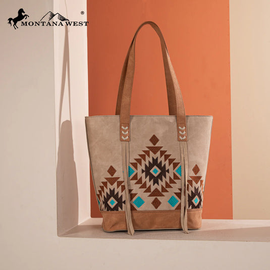 MW1312G-8317TN - Montana West Embroidered Collection Tote - Tan