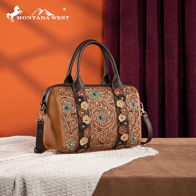 MW1313-9800BR - Montana West Embroidered Barrel Satchel Bag/Crossbody