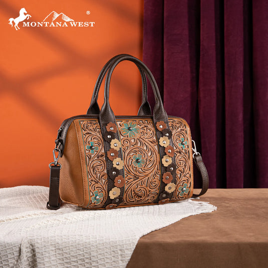 MW1313-9800BR - Montana West Embroidered Barrel Satchel Bag/Crossbody