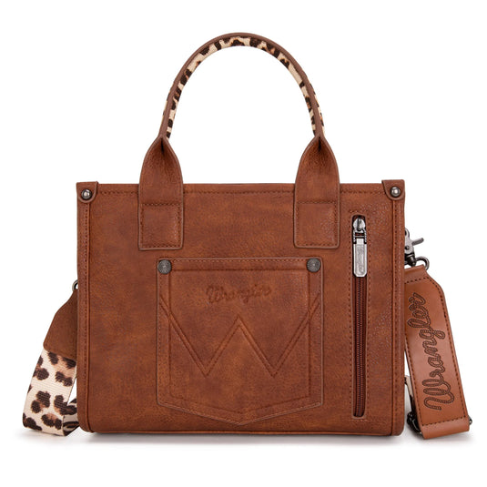 WG102-8120SLP-BR - Wrangler Leopard Print Concealed Carry Tote/Crossbody - Brown
