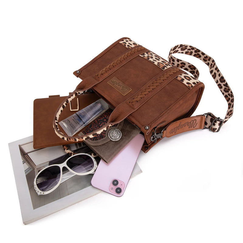 Load image into Gallery viewer, WG102-8120SLP-BR - Wrangler Leopard Print Concealed Carry Tote/Crossbody - Brown
