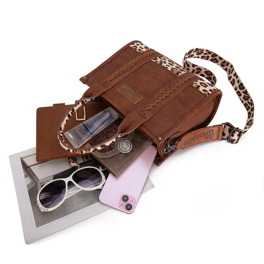 WG102-8120SLP-BR - Wrangler Leopard Print Concealed Carry Tote/Crossbody - Brown