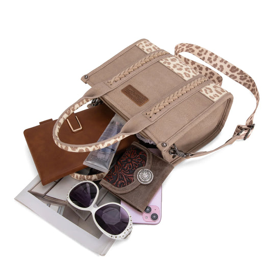 WG102-8120STN - Wrangler Leopard Print Concealed Carry Tote/Crossbody - Tan