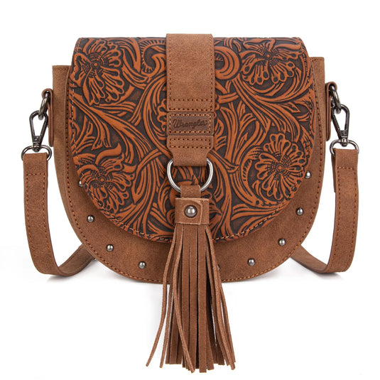 WG160-60113BR - Wrangler Western Tooled Saddle Bag Crossbody - Brown