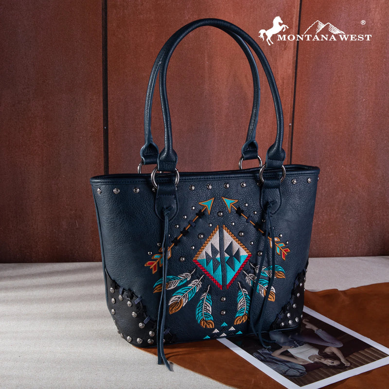 Load image into Gallery viewer, MW1246G-8317JN - Montana West Embroidered Arrow Feather Concealed Carry Tote - Jean
