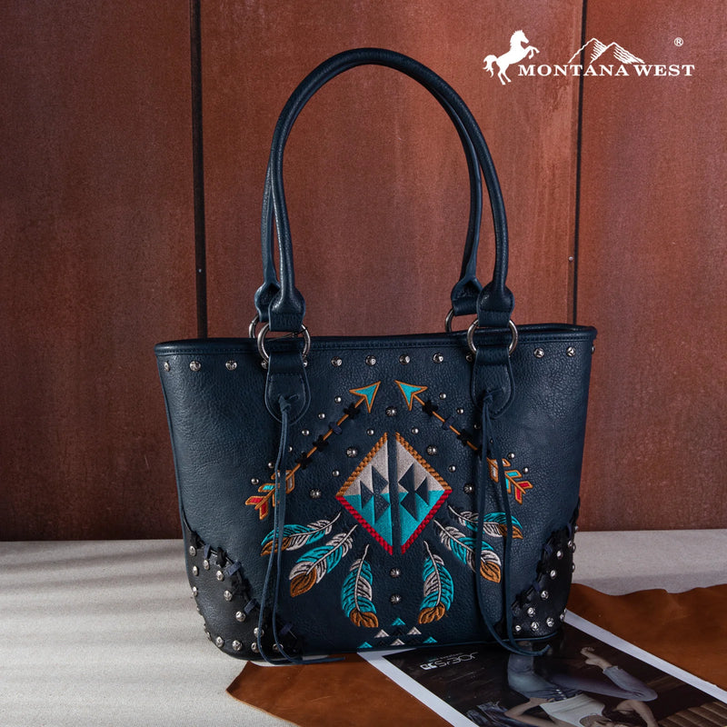 Load image into Gallery viewer, MW1246G-8317JN - Montana West Embroidered Arrow Feather Concealed Carry Tote - Jean
