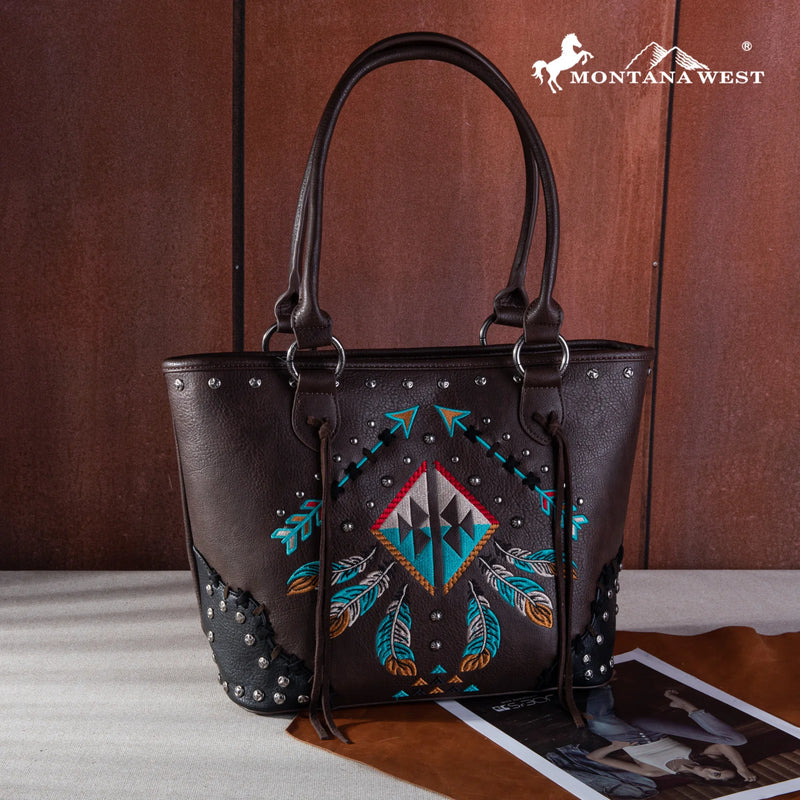 Load image into Gallery viewer, MW1246G-8317CF - Montana West Embroidered Arrow Feather Concealed Carry Tote - Coffee
