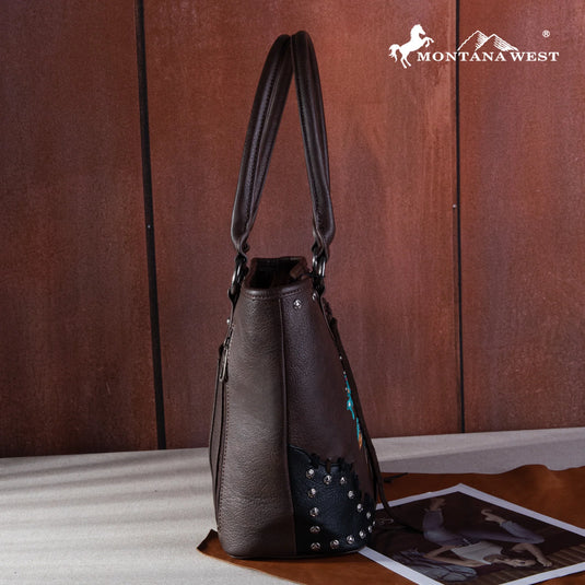MW1246G-8317CF - Montana West Embroidered Arrow Feather Concealed Carry Tote - Coffee