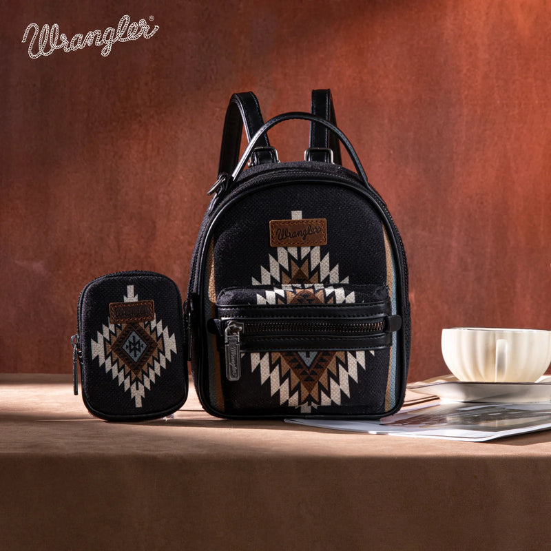 Load image into Gallery viewer, WG174-8601BK - Wrangler Southwestern Knitted Mini Backpack With Coin Pouch - Black
