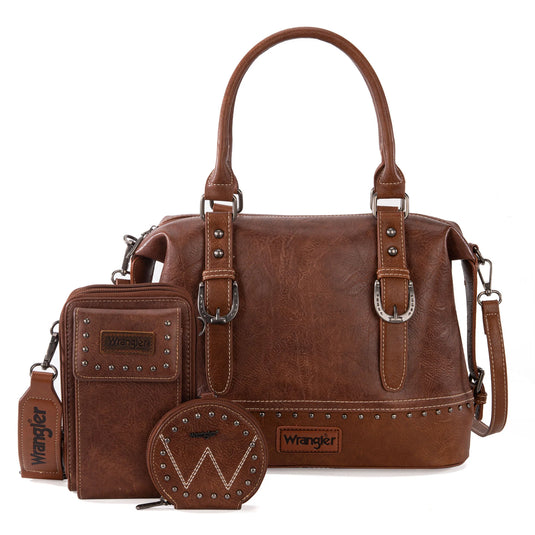 WG48S-S5110BR - Wrangler 3Pc Set Buckle Classic Barrel Satchel With Phone Wallet Crossbody