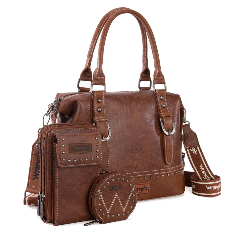 Load image into Gallery viewer, WG48S-S5110BR - Wrangler 3Pc Set Buckle Classic Barrel Satchel With Phone Wallet Crossbody
