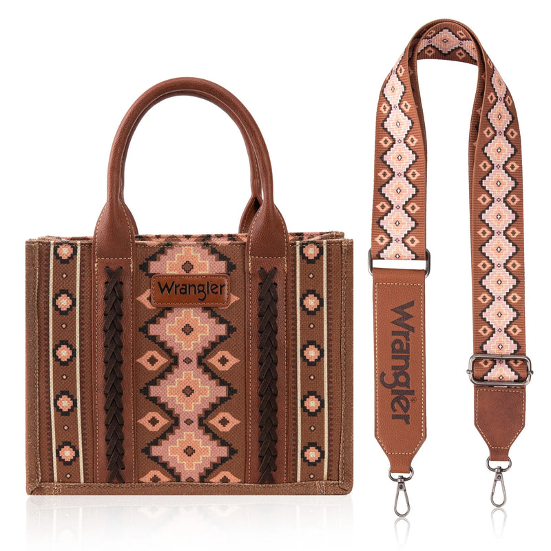 Load image into Gallery viewer, WG2203-8120SDBR - Wrangler Southwestern Print Small Canvas Tote/Crossbody - Dark Brown
