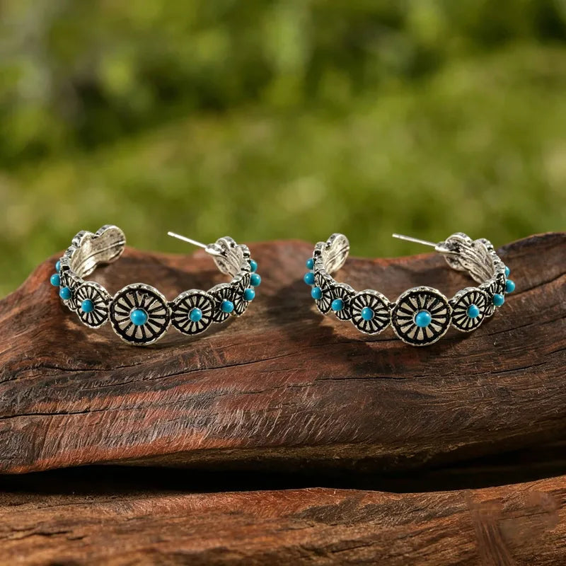Load image into Gallery viewer, NIHER107 - Western Flower Earrings W/Turquoise Inlay
