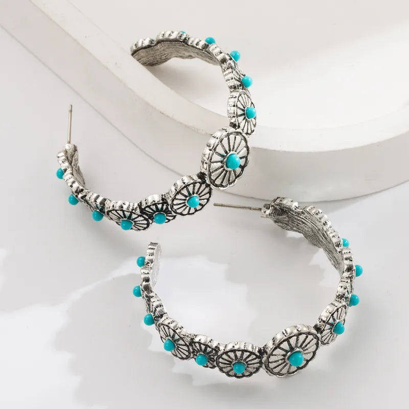 Load image into Gallery viewer, NIHER107 - Western Flower Earrings W/Turquoise Inlay
