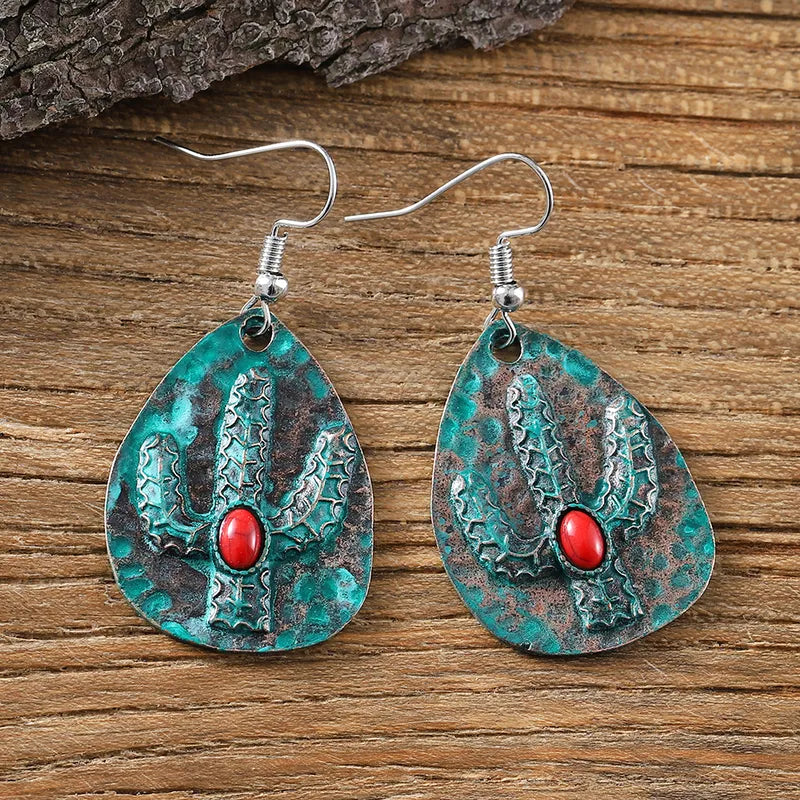 Load image into Gallery viewer, NIHER144 - Dark Green Cactus Drop Earrings W/ Red Inlay
