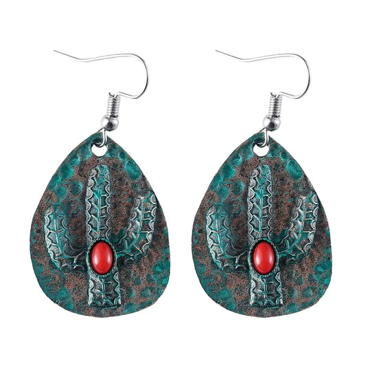 NIHER144 - Dark Green Cactus Drop Earrings W/ Red Inlay