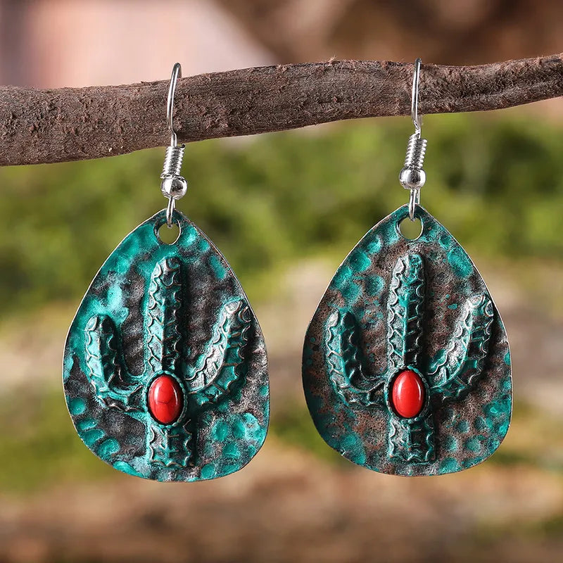 Load image into Gallery viewer, NIHER144 - Dark Green Cactus Drop Earrings W/ Red Inlay
