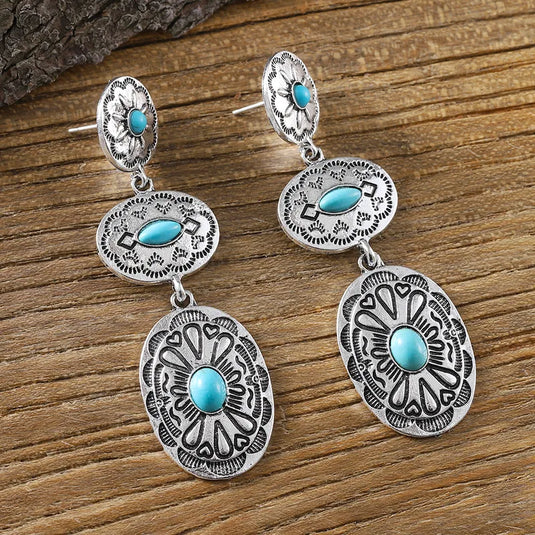 NIHER125 - Western Style Silver Drop Earrings W/ Turquoise Stones
