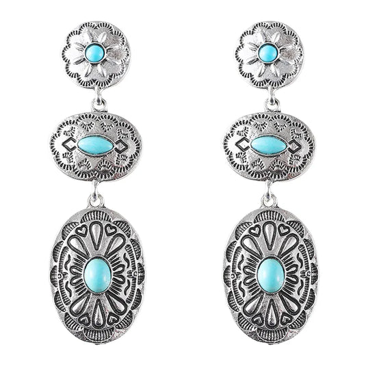 NIHER125 - Western Style Silver Drop Earrings W/ Turquoise Stones