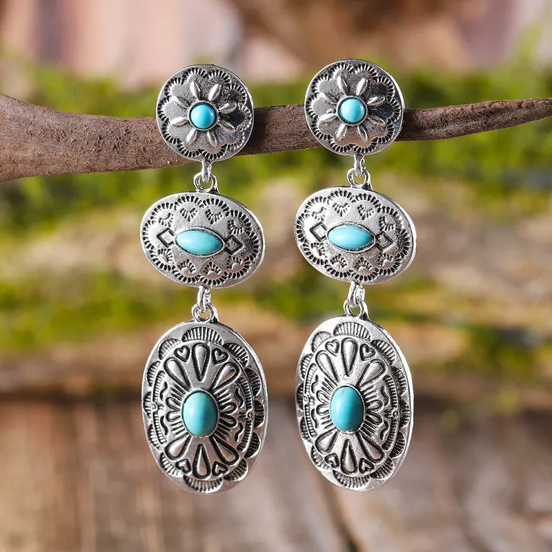 Load image into Gallery viewer, NIHER125 - Western Style Silver Drop Earrings W/ Turquoise Stones
