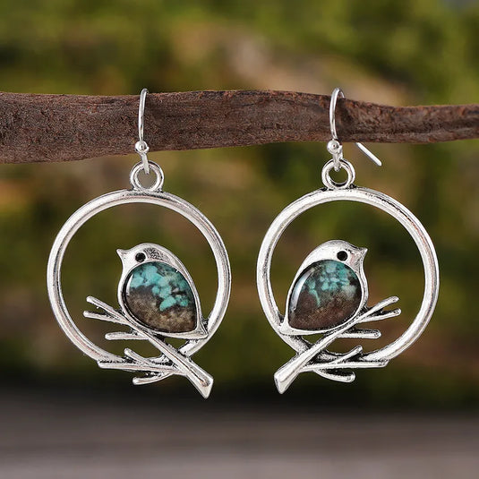 NIHER116 - Retro Bird Hoop Earrings W/ Multicolor Stone