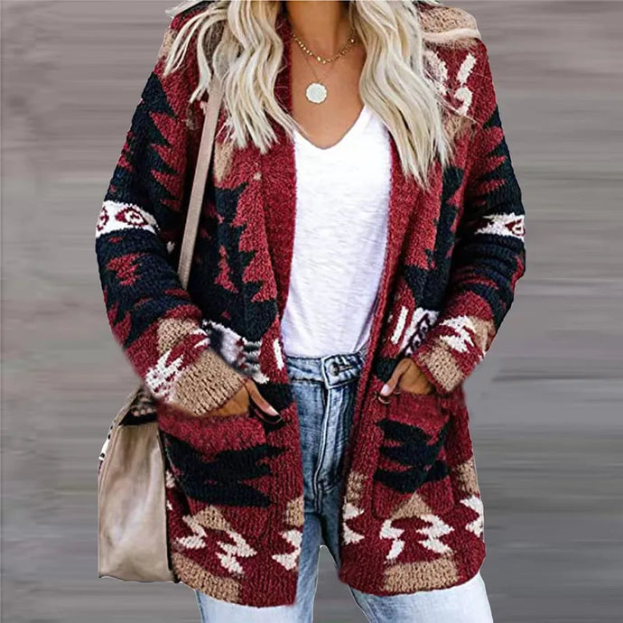 NIHJKT8 - Women's Red Color Block Long Sleeve Sweater