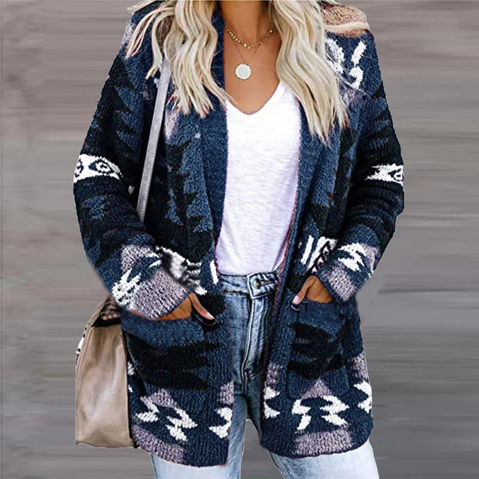 NIHJKT12 - Women's Blue Color Block Long Sleeve Sweater