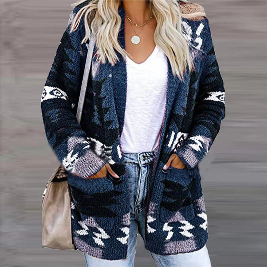 NIHJKT12 - Women's Blue Color Block Long Sleeve Sweater