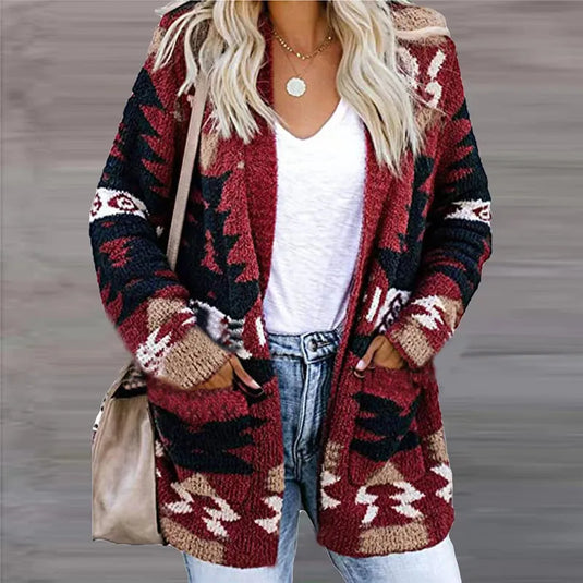 NIHJKT8 - Women's Red Color Block Long Sleeve Sweater
