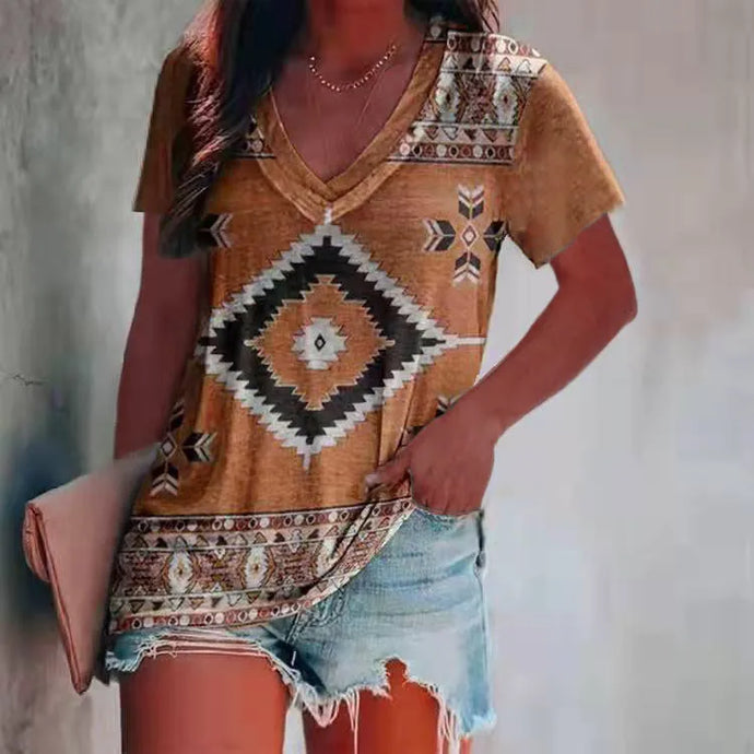 NIHTS4 - Ladies Yellow V Neck Aztec Print Shirt