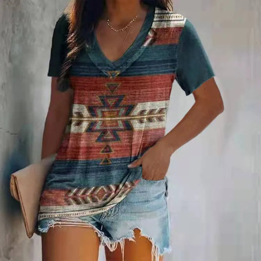 NIHTS2 - Ladies Dark Blue V Neck Aztec Print Shirt