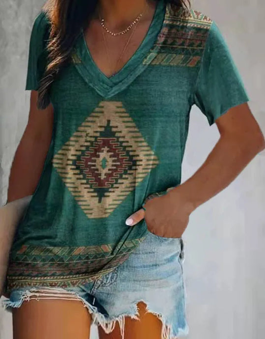 NIHTS44 - Ladies Dark Green V Neck Aztec Print Shirt