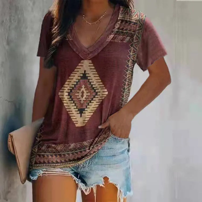 NIHTS3 - Ladies Dark Red V Neck Aztec Print Shirt