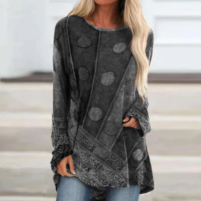 NIHTS7 - Ladies Grey Geometric Print Long Sleev Shirt