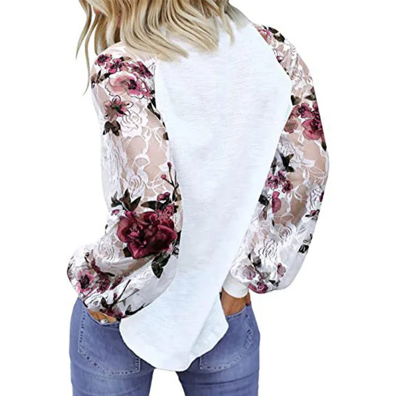 Load image into Gallery viewer, NIHTS12 - Ladies White Fashion Flower Long Sleeve Lace Shirt
